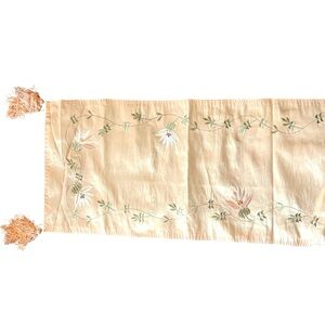 Peach Silk Blend Embroidered Floral Tassel Table Runner 68x26 Elegant fancy
